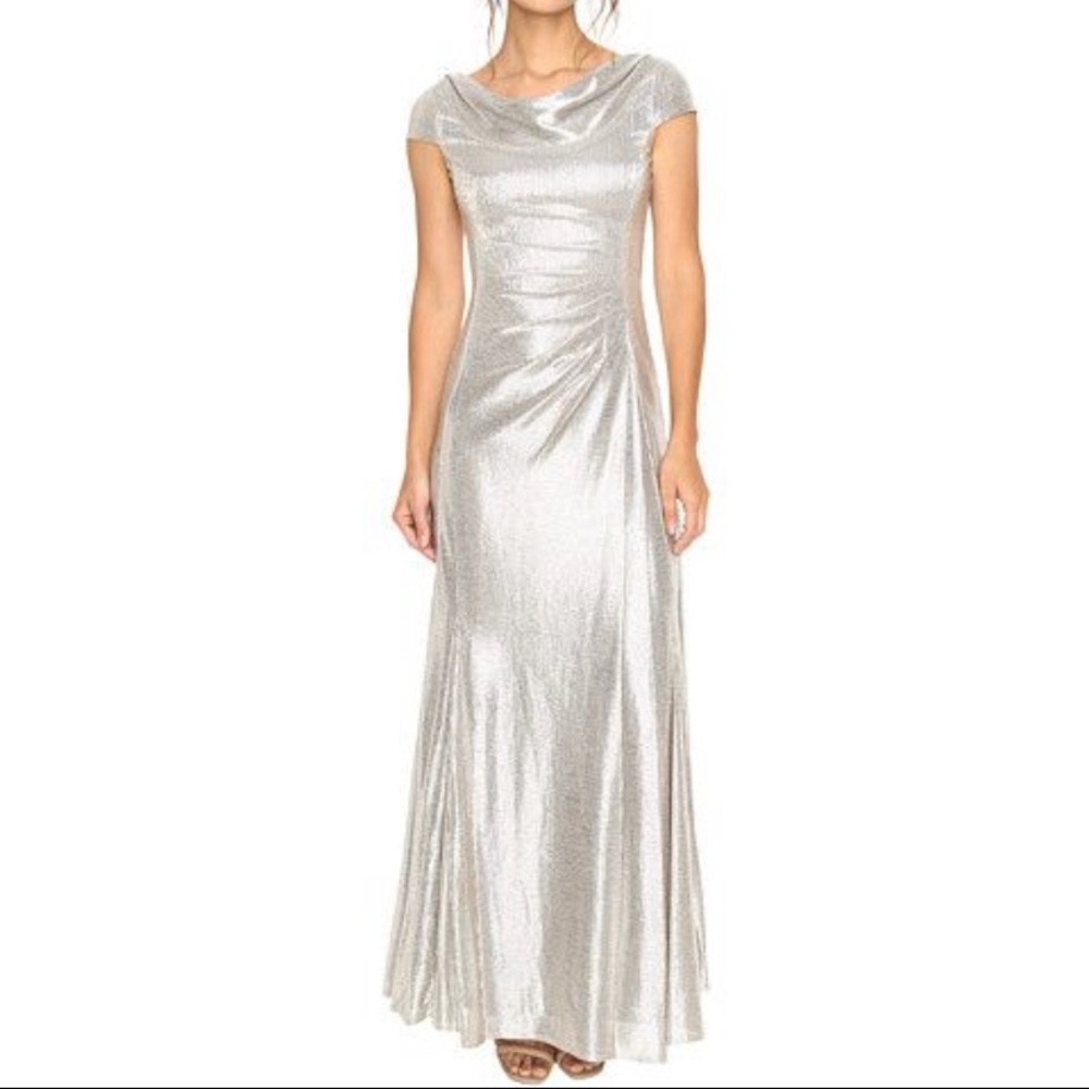 Tahari Size 4 Silver Shimmering Floor Length gown with ruching.